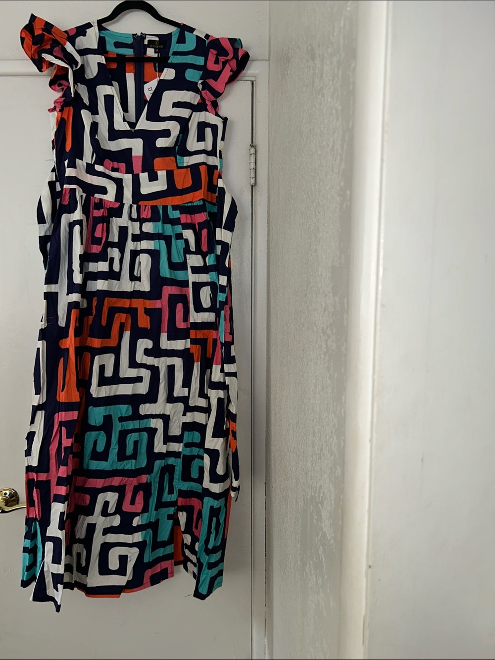 Geo Block Maxi Dress in Navy, White, Pink, Teal & Orange
